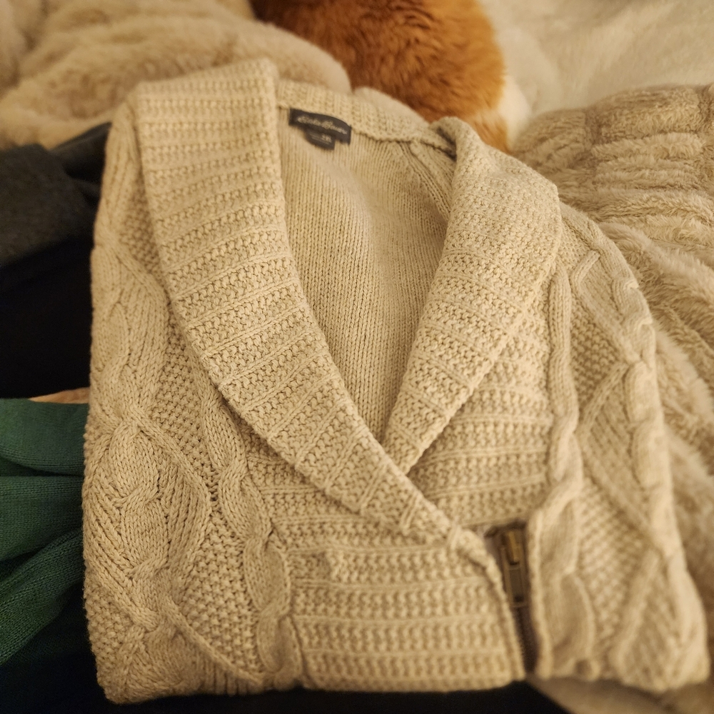 Sz 2XL Eddie Bauer zip front oatmeal colored Cable Knit Cardigan Sweater